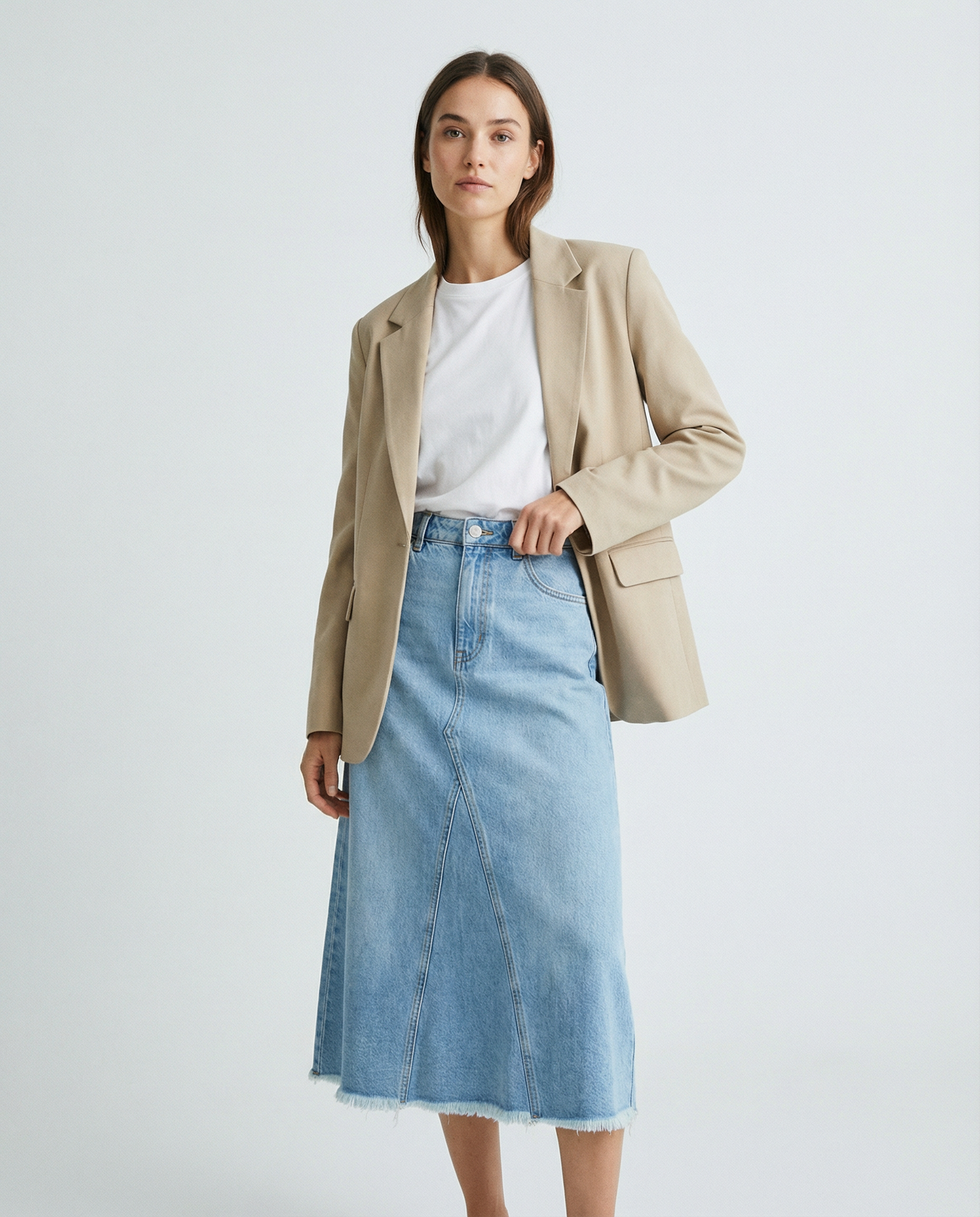 A-Line Denim Skirt with Frayed Hem