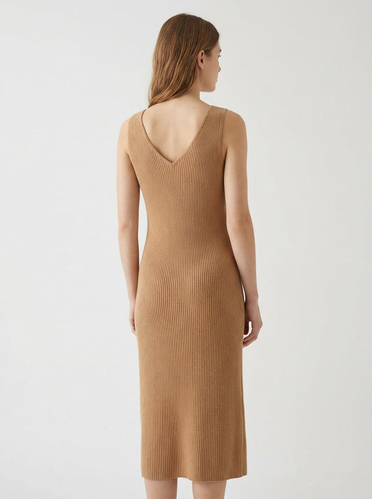 Ribbed Knit V-Neck Midi Dress