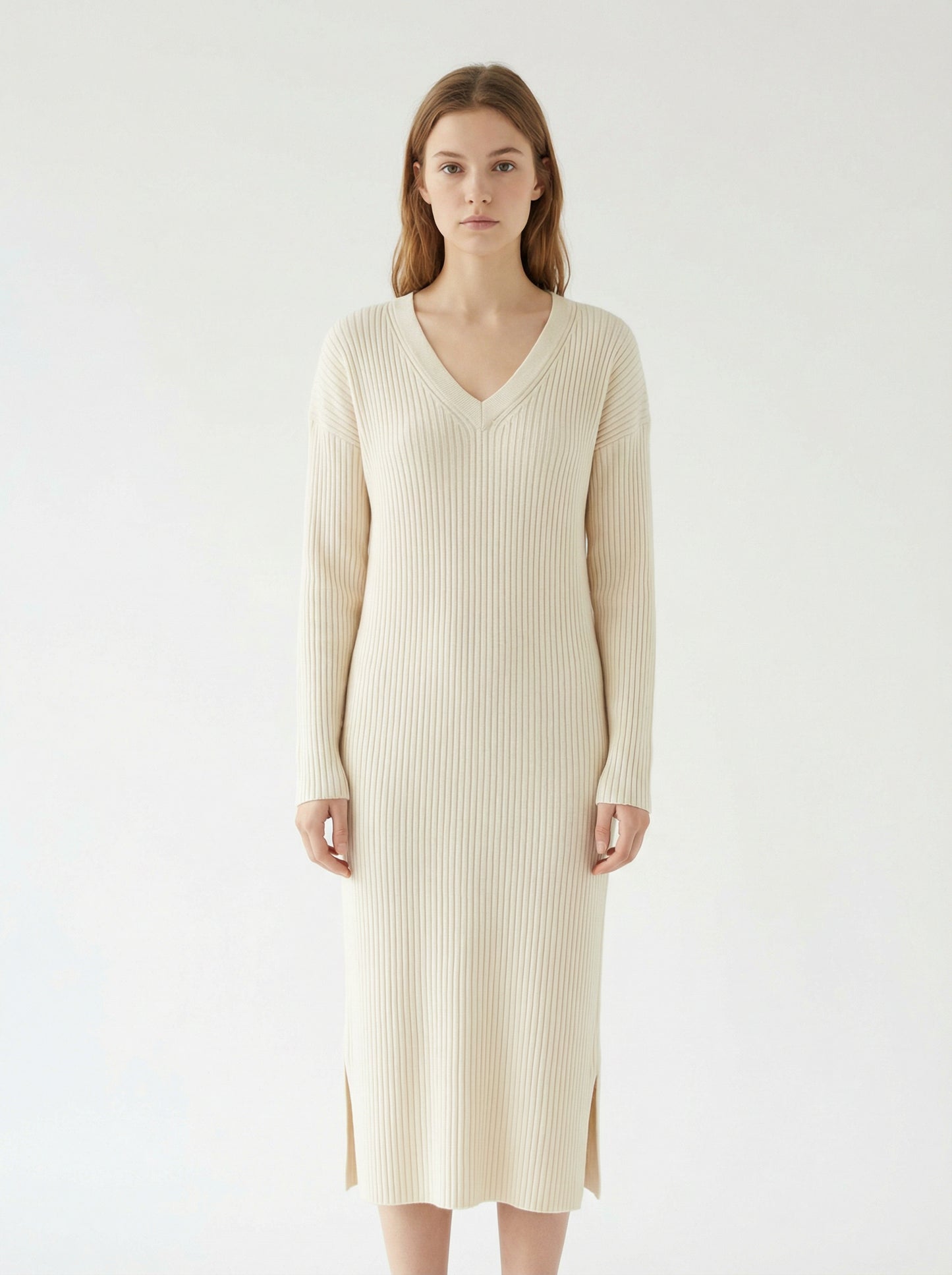Ribbed Knit V-Neck Midi Dress