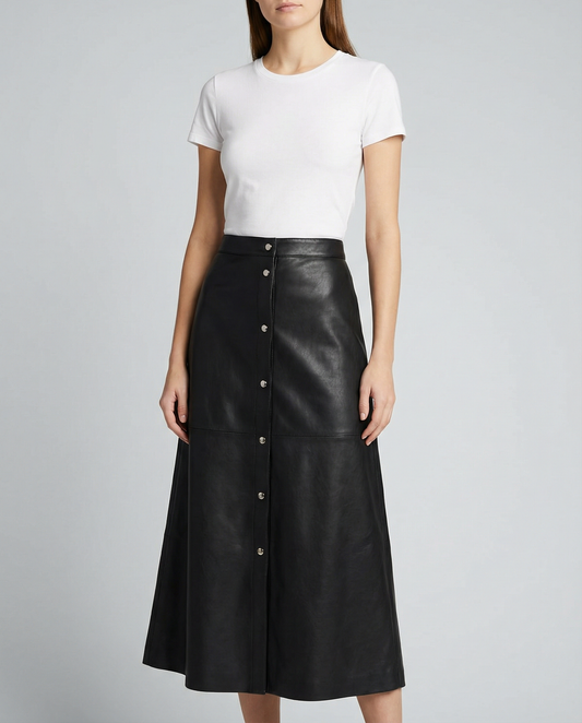Faux Leather A-Line Skirt with Button Detail