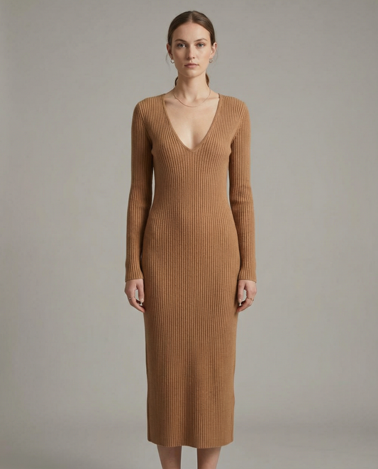 Ribbed Knit V-Neck Midi Dress