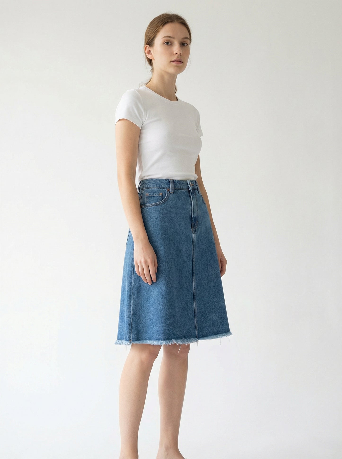 A-Line Denim Skirt with Frayed Hem