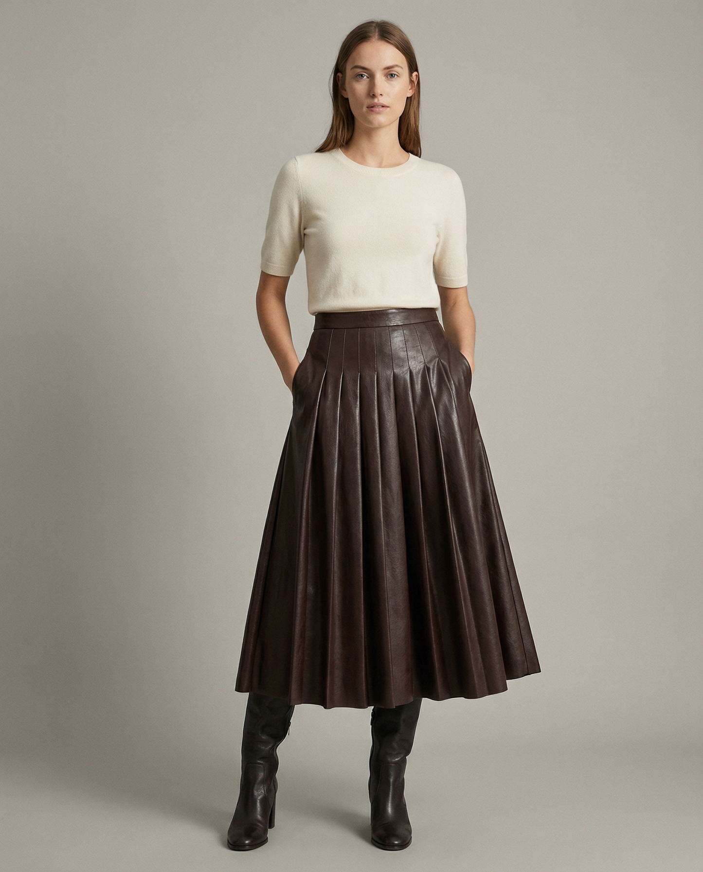 Pleated Faux Leather Midi Skirt