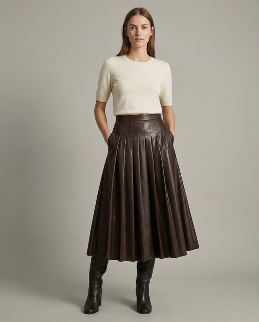 Pleated Faux Leather Midi Skirt