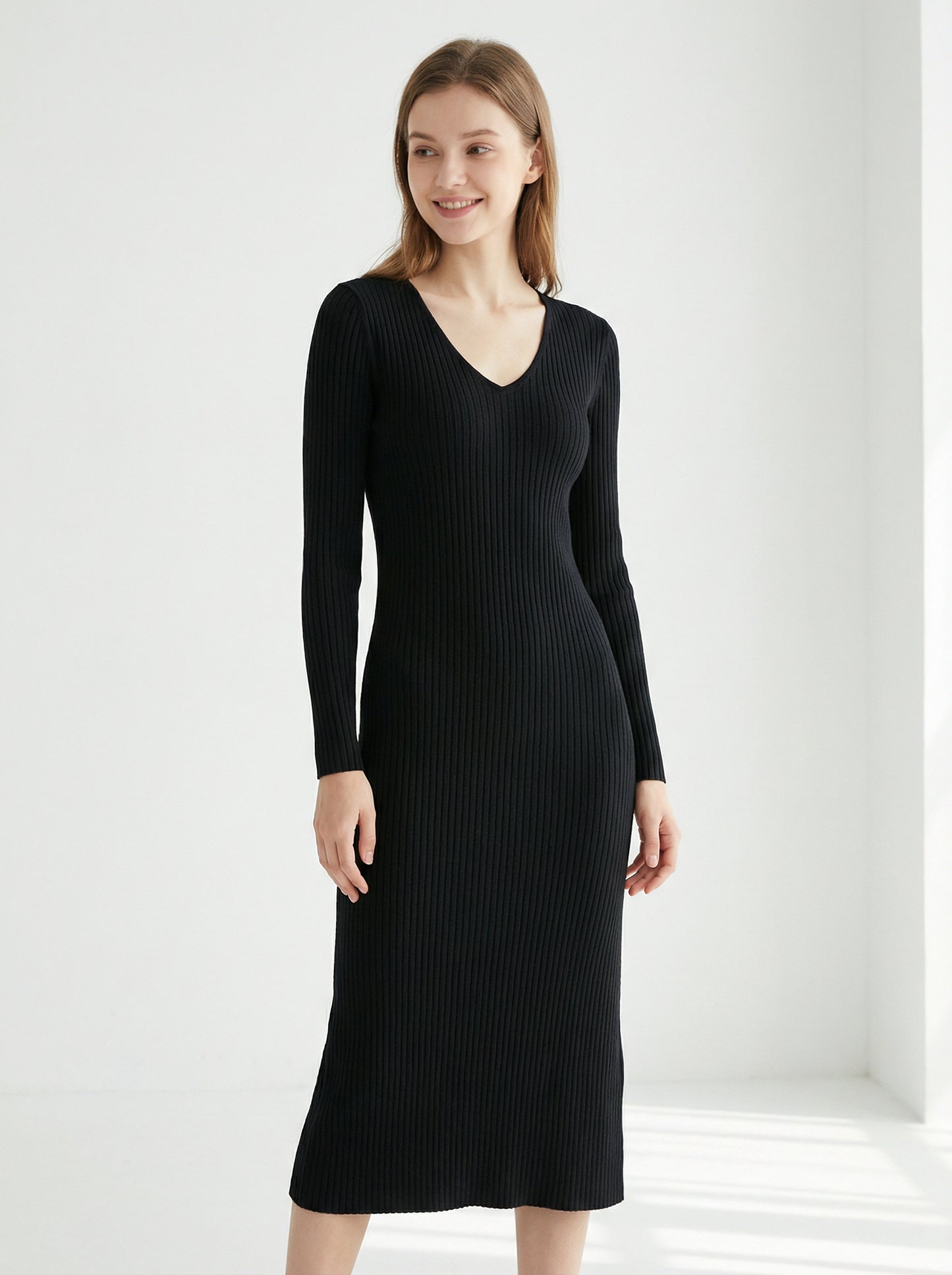 Ribbed Knit V-Neck Midi Dress