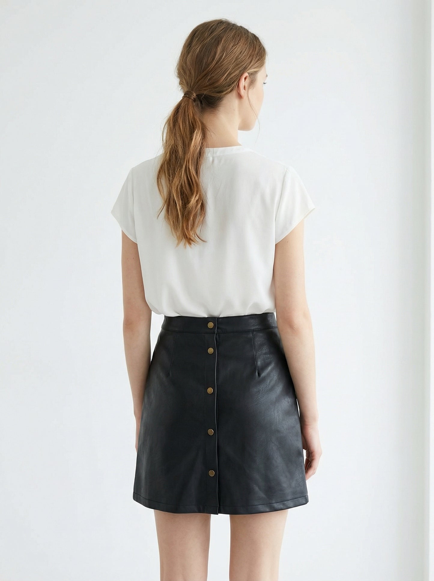 Faux Leather A-Line Skirt with Button Detail