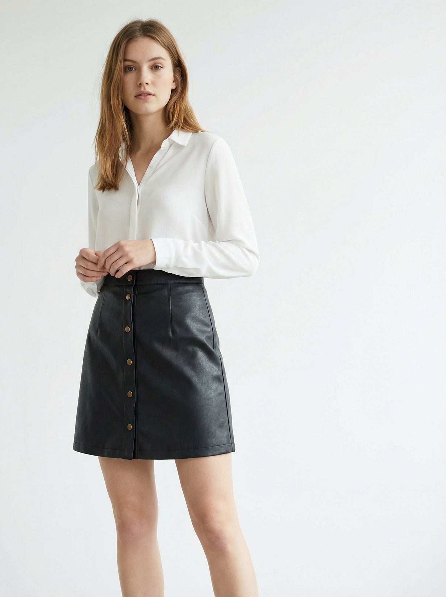 Faux Leather A-Line Skirt with Button Detail