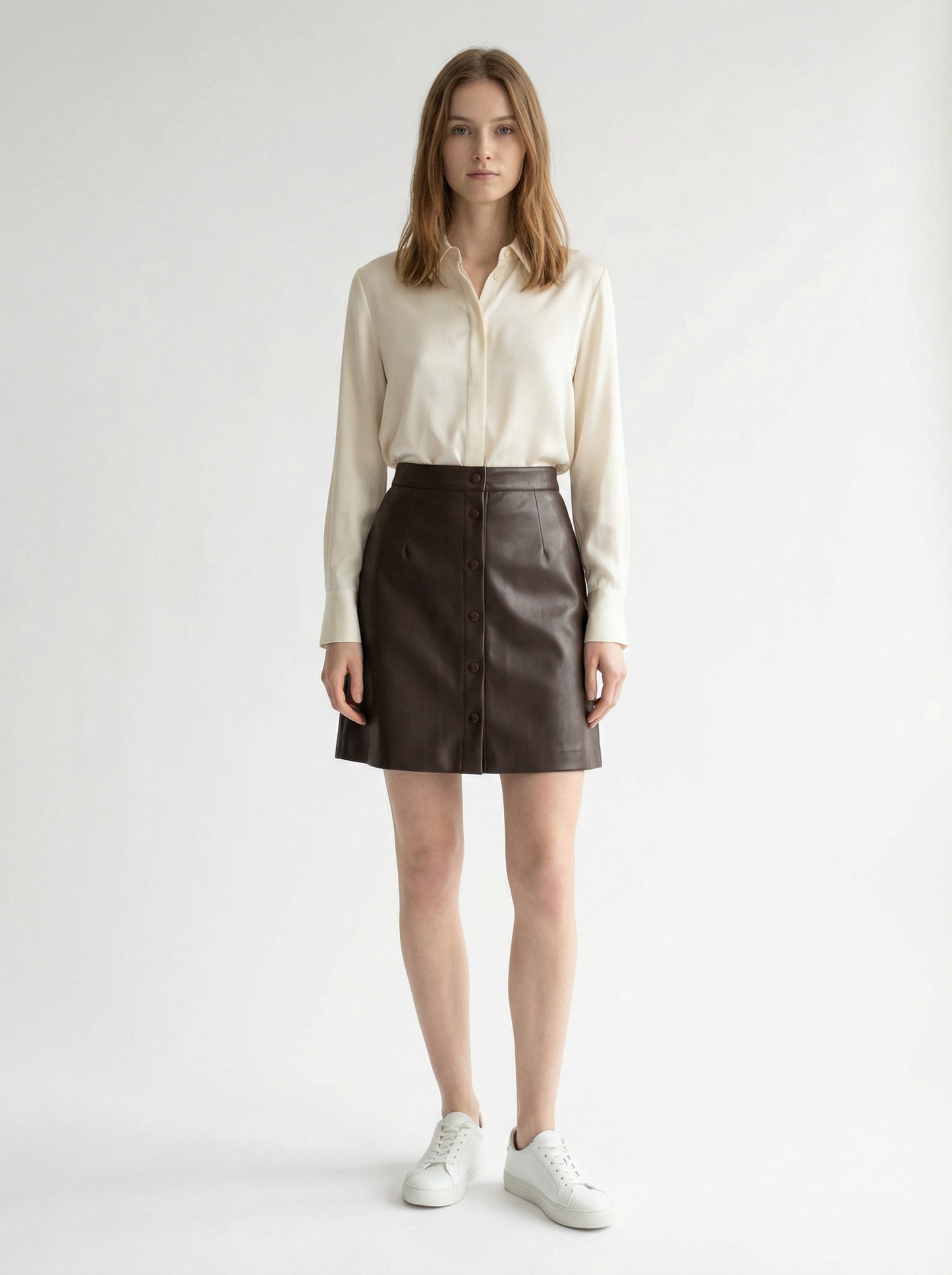 Faux Leather A-Line Skirt with Button Detail