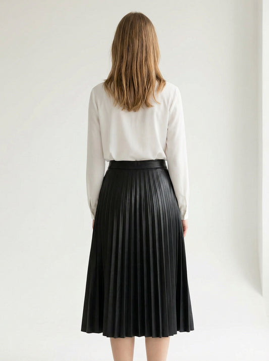 Pleated Faux Leather Midi Skirt