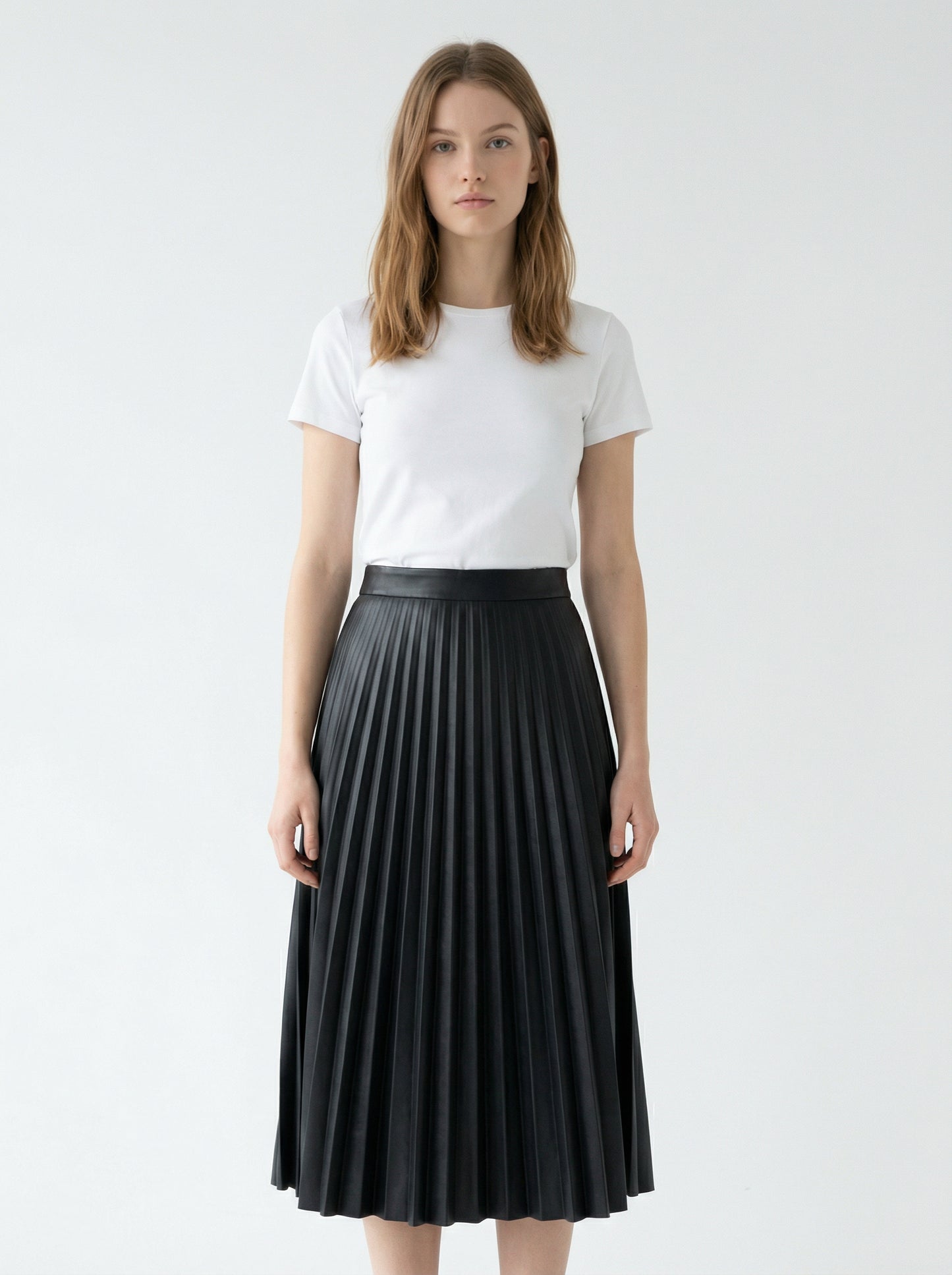 Pleated Faux Leather Midi Skirt