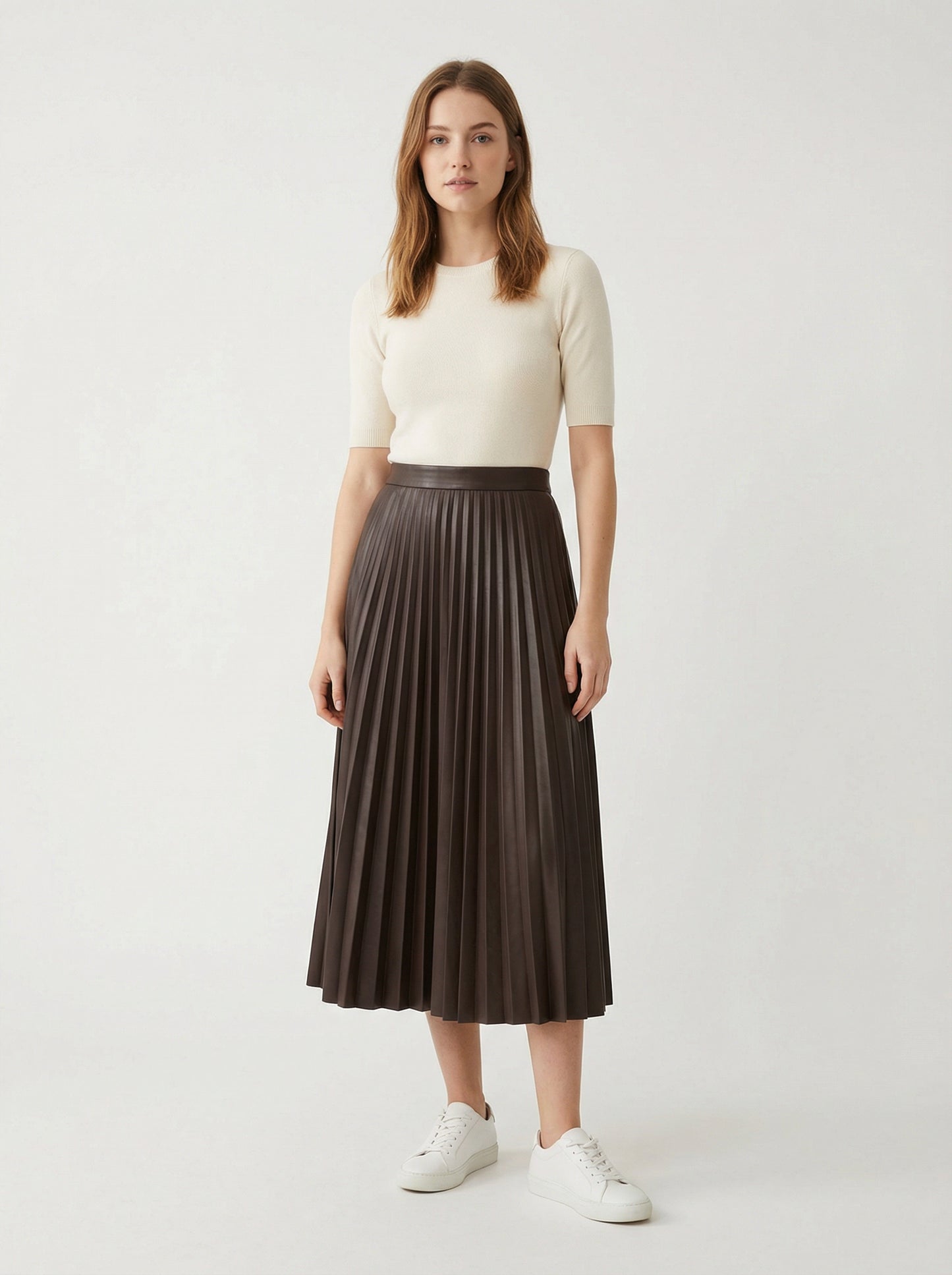 Pleated Faux Leather Midi Skirt