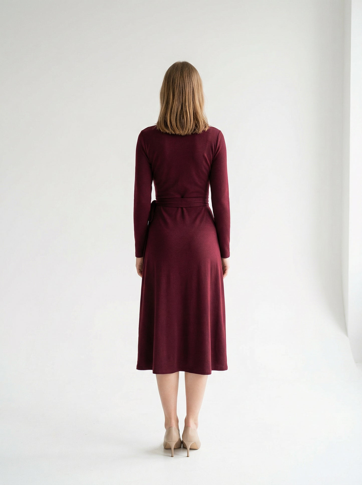 Long-Sleeve Wrap Midi Dress