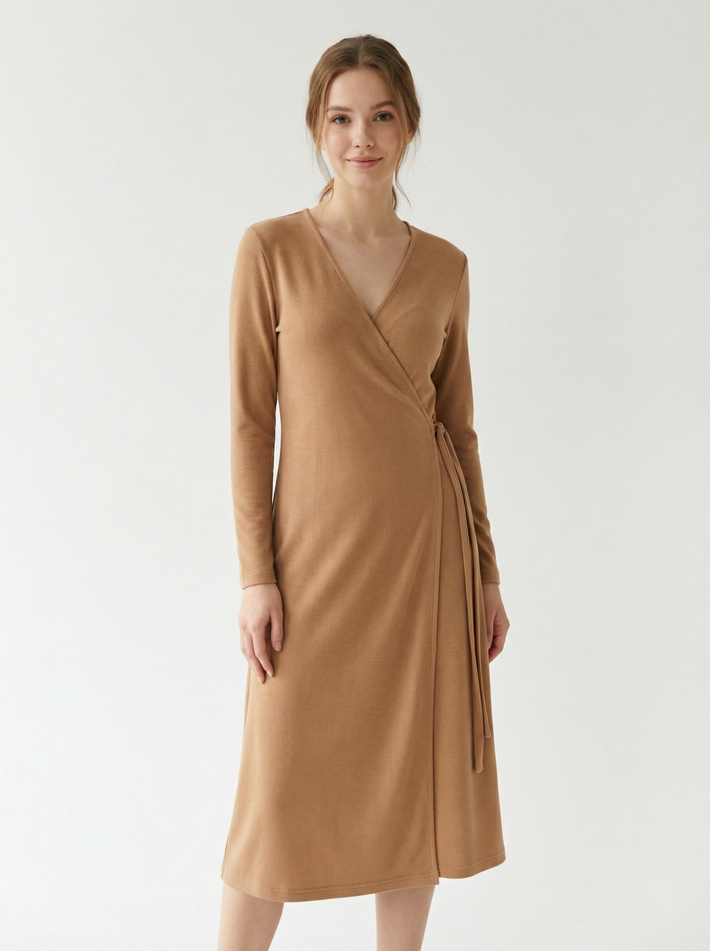 Long-Sleeve Wrap Midi Dress