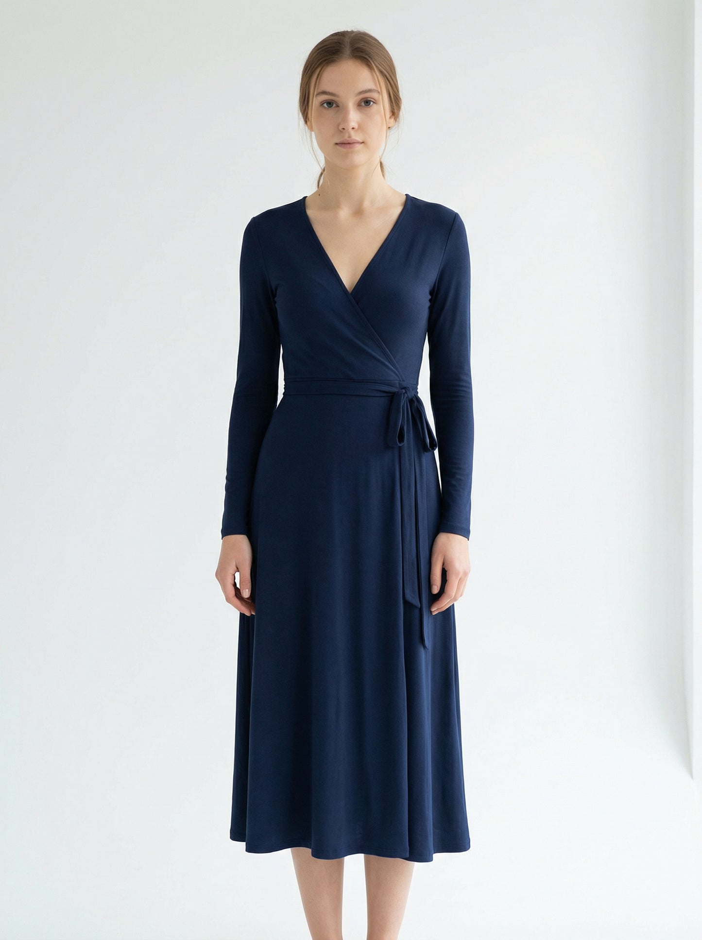 Long-Sleeve Wrap Midi Dress